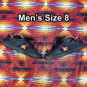 Gucci Ace Black Leather Bee Embroidered Mens Sneaker Size 8 429446